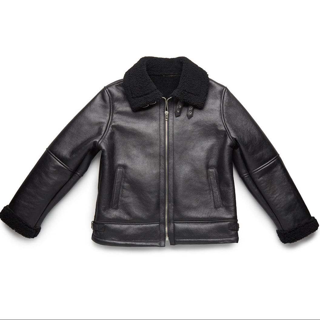Black leather jacket with fur collar on a white background b3 Shearling