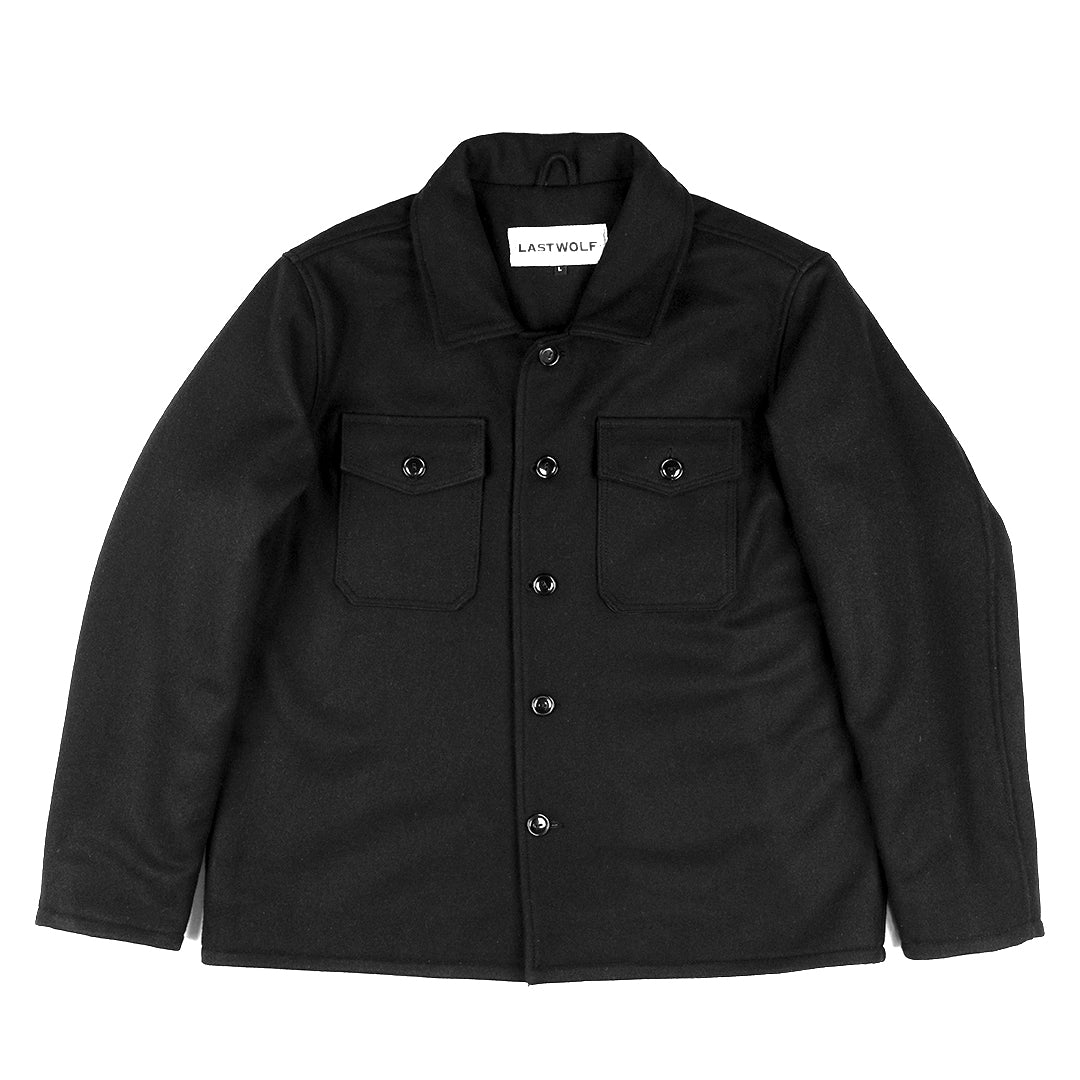 Black jacket with button details on a white background