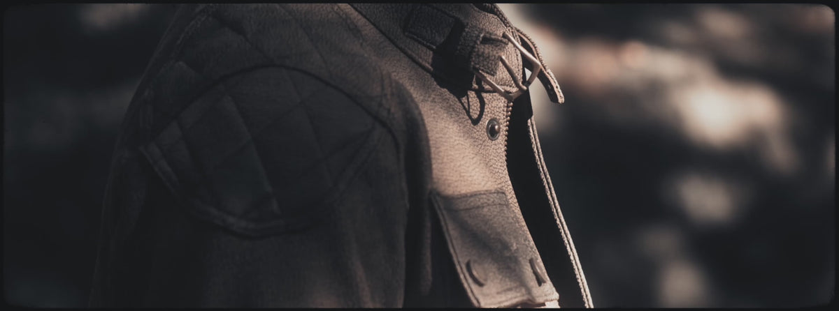 Man wearing the Last Wolf Black Elk gray leather jacket