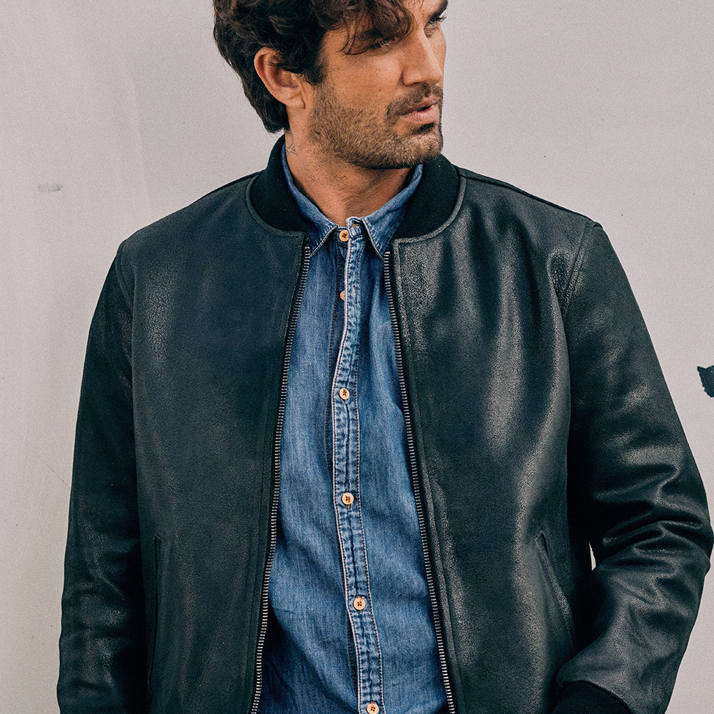 BLACK ELK BOMBER LEATHER JACKET - CRACKED BLACK