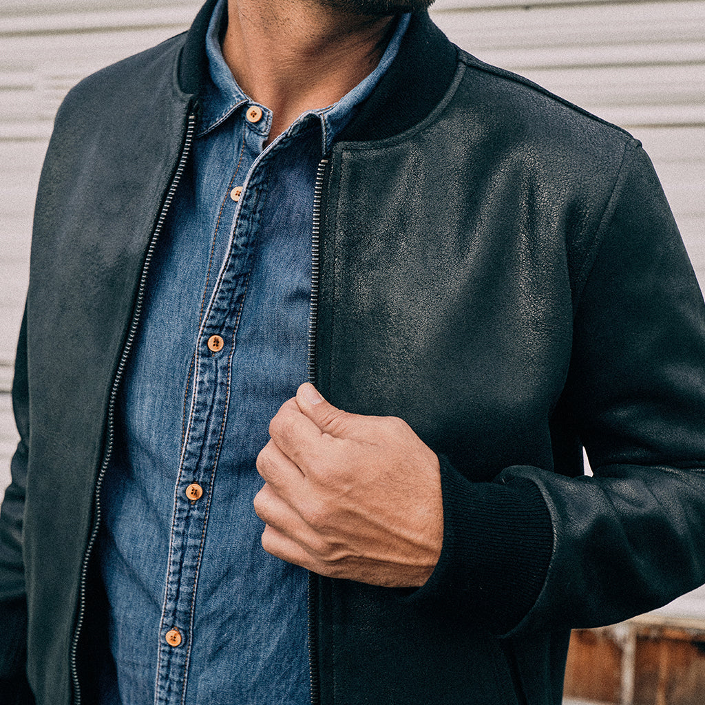 BLACK ELK BOMBER LEATHER JACKET - CRACKED BLACK
