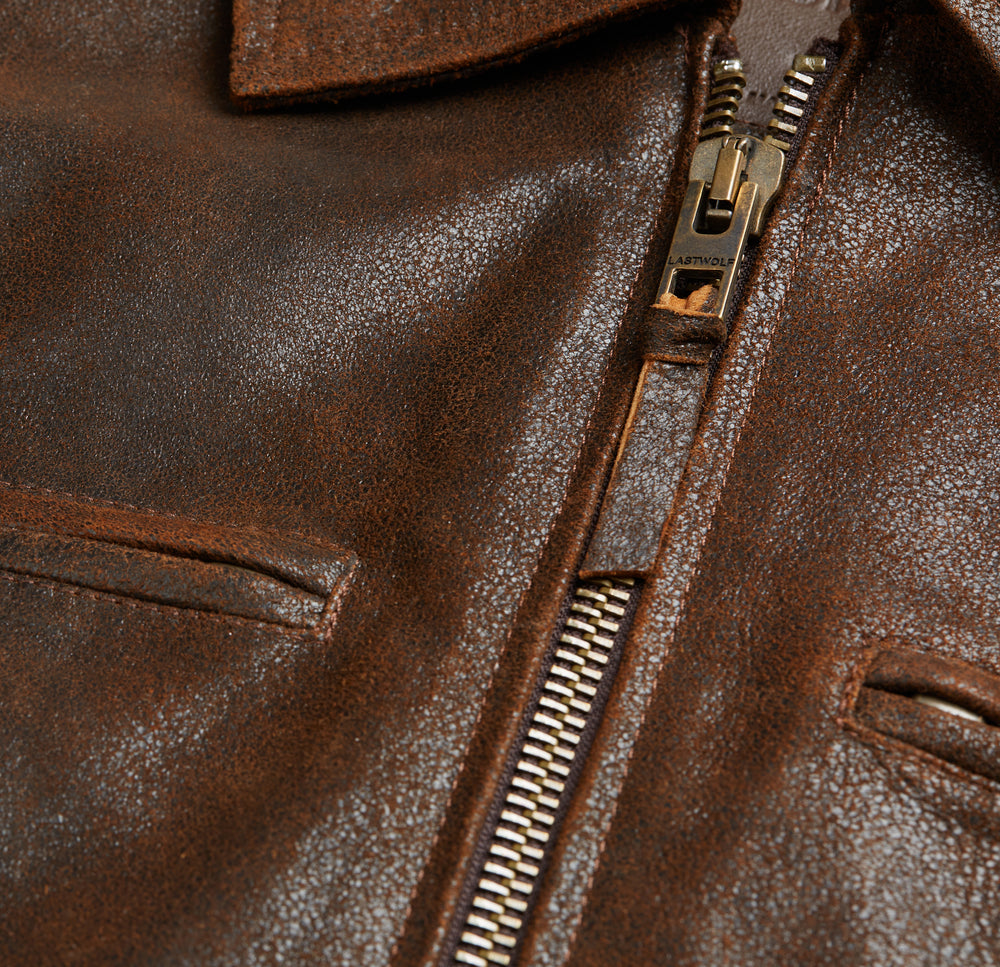 Close-up of a Last Wolf leather jacket finish