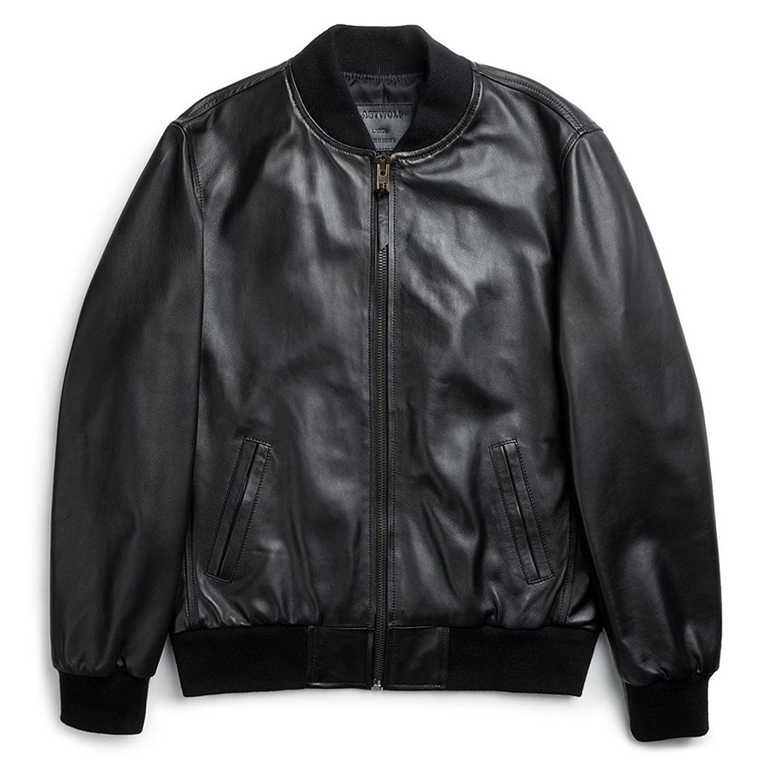 ジャケット・アウター FACTOTUM leather jacket black 46 lamb Black Cabretta Lamb Leather 26” Zip Bomber Jacket with Faux Fur