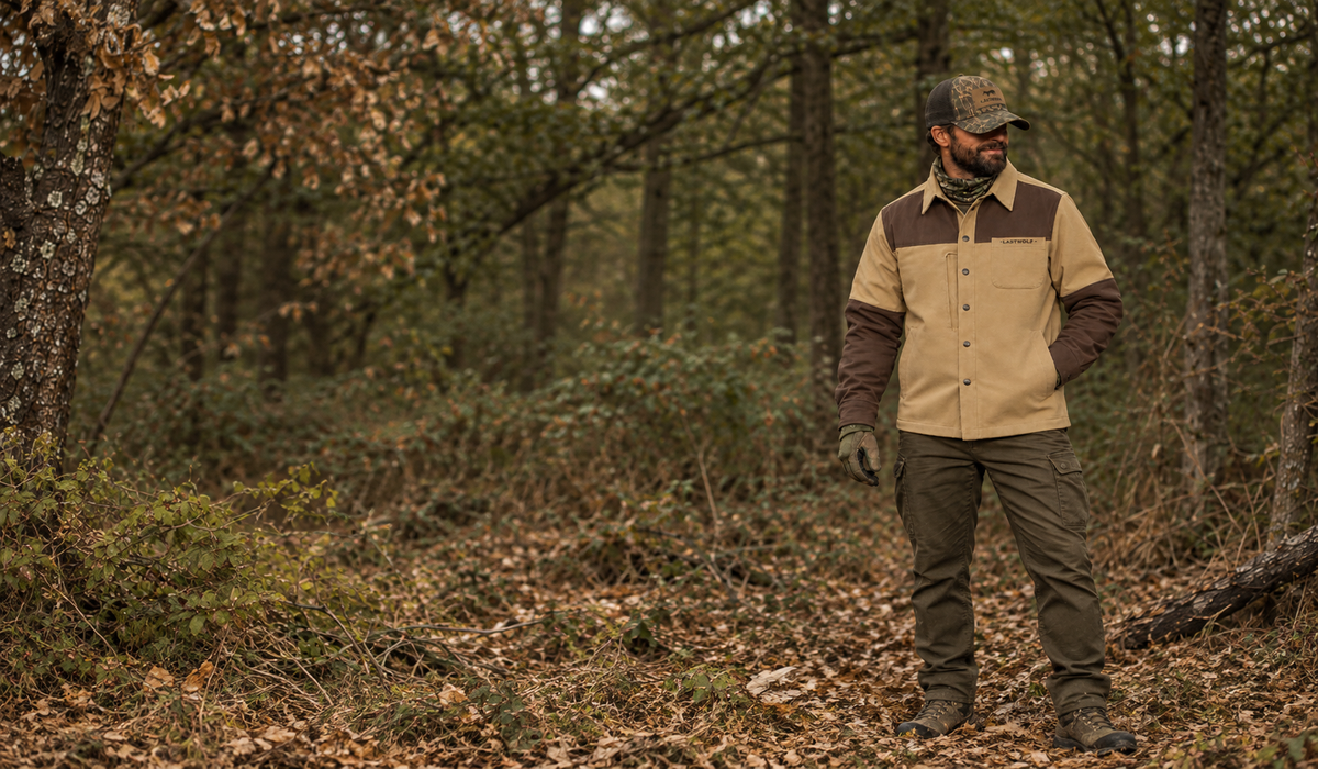 Man wearing a Last Wolf leather jacket outdoors