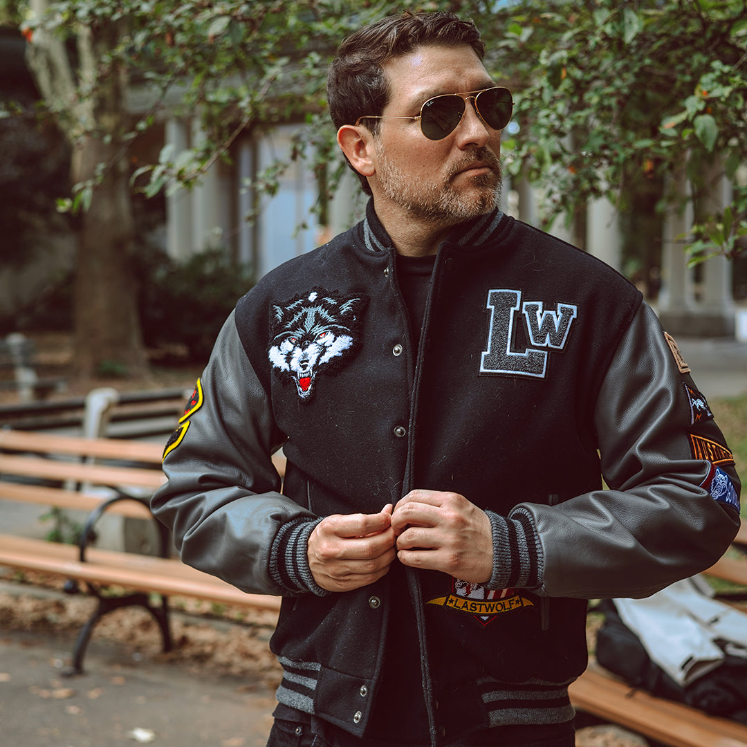 MIGHTY WOLVES VARSITY JACKET - BLACK