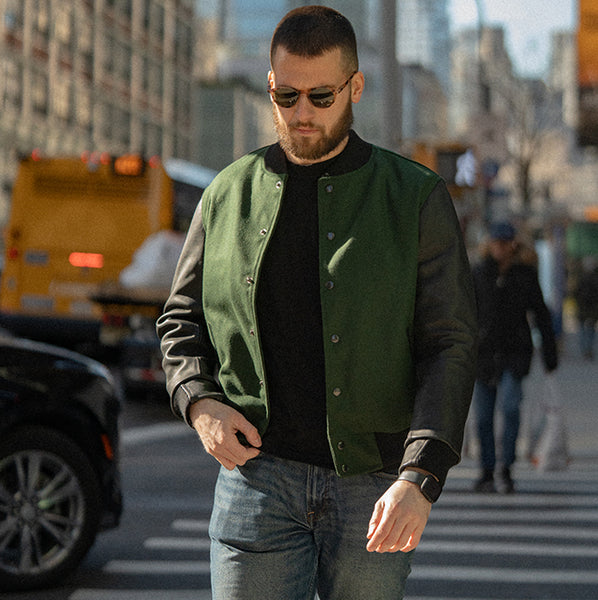 Pine Varsity Jacket Dark Green Black Leather Jacket