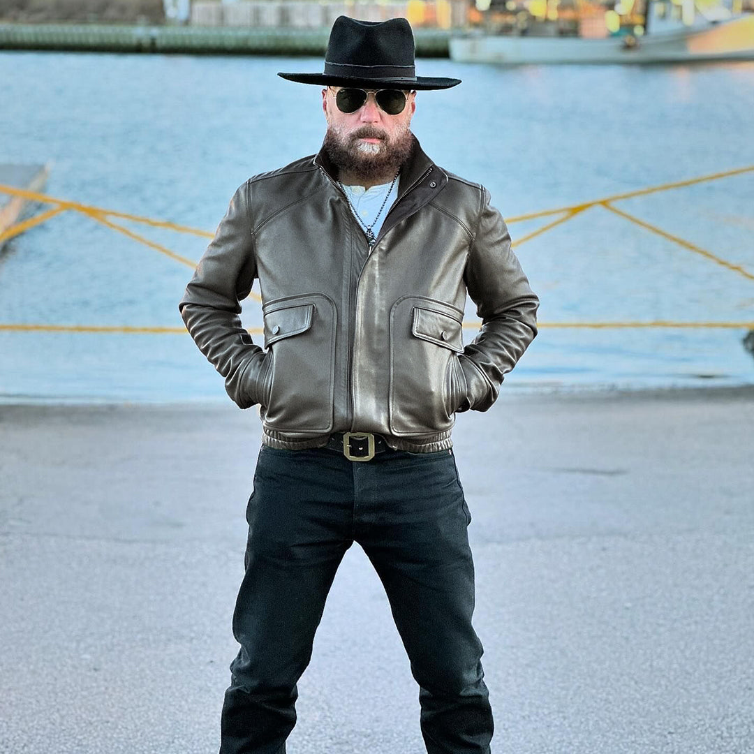 EVERGREEN VINTAGE  FLIGHT LEATHER JACKET - SMOKE GREEN