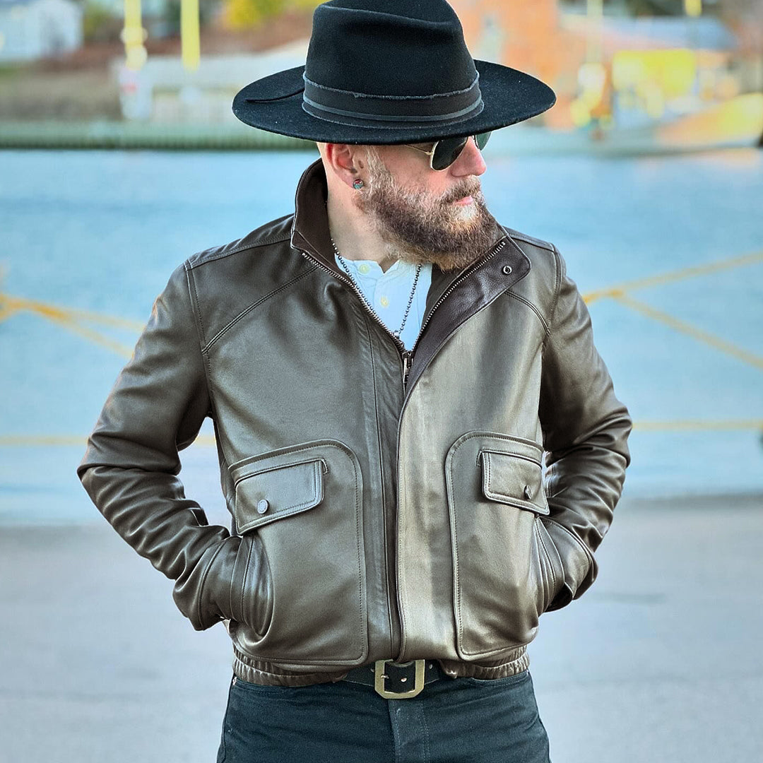 EVERGREEN VINTAGE  FLIGHT LEATHER JACKET - SMOKE GREEN