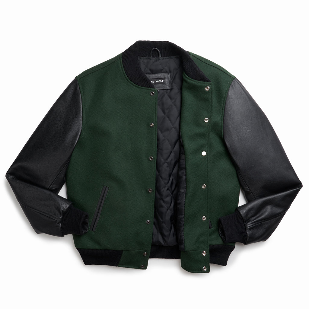 Varsity Letterman Bomber Baseball Forest Green Wool & Gray Leather Sleeve  jacket