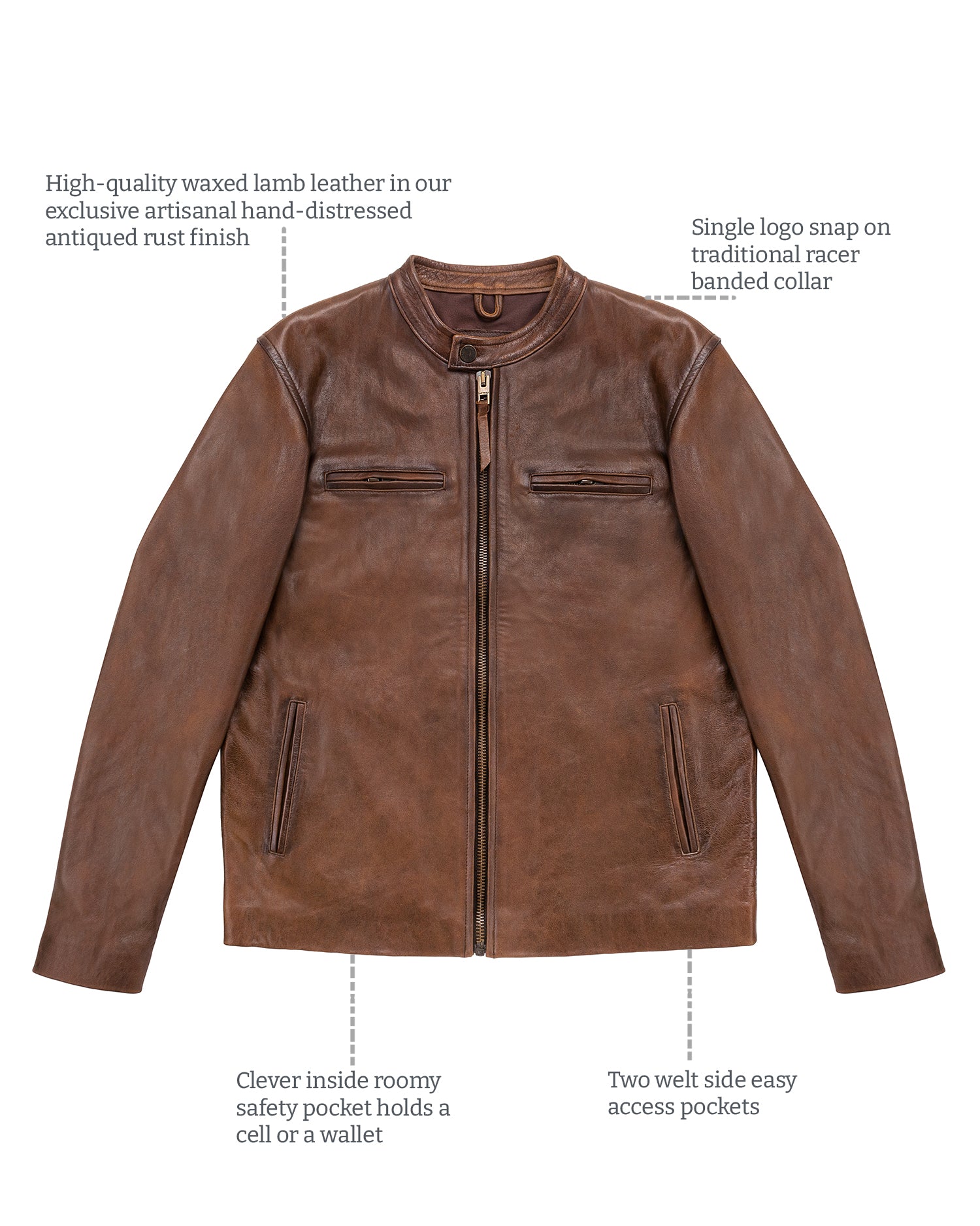 Details of Wheeler peak racer leather jacket antiqued rust